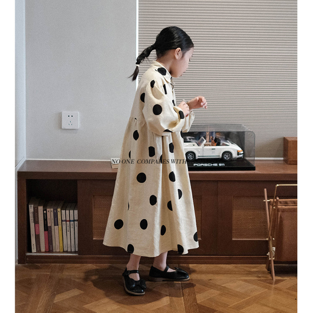 With her original niche design Japanese loose polka dot shirt cotton and linen artistic student long sleeved dress for women image 4