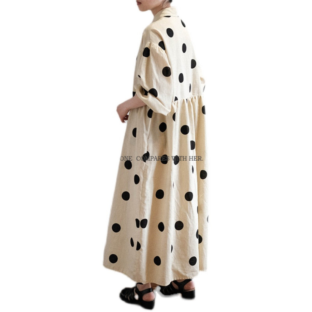 With her original niche design Japanese loose polka dot shirt cotton and linen artistic student long sleeved dress for women image 5