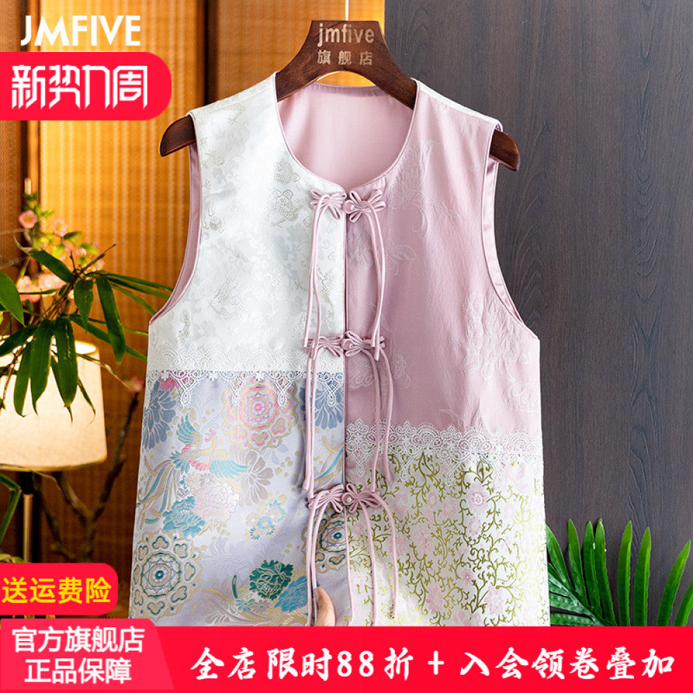 New Chinese style age reducing vest for women in autumn 2024 round neck buckle tassel jacquard lace spliced vest image 0