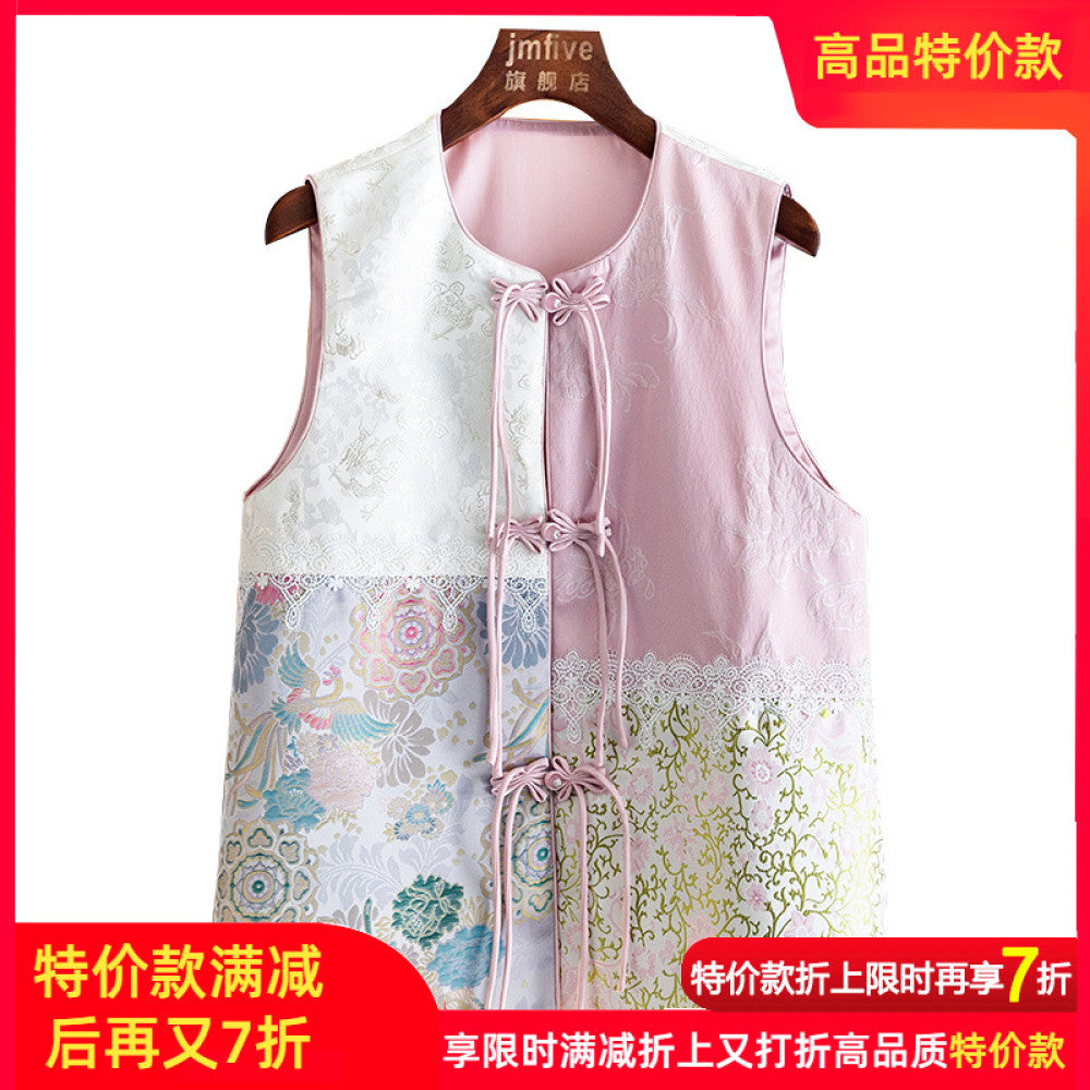 New Chinese style age reducing vest for women in autumn 2024 round neck buckle tassel jacquard lace spliced vest image 9