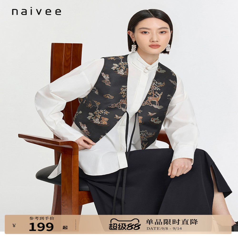 Naivee new Chinese style horse clip heavy industry embroidery jacquard black Chinese style improved vest jacket for women in autumn and winter image 1