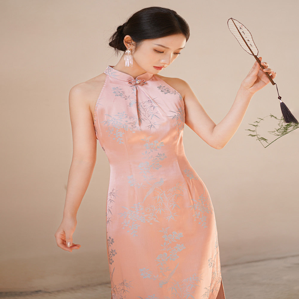 New Chinese style dress for women in the summer of 2025 sleeveless hanging neck retro Chinese style improved jacquard cheongsam image 2