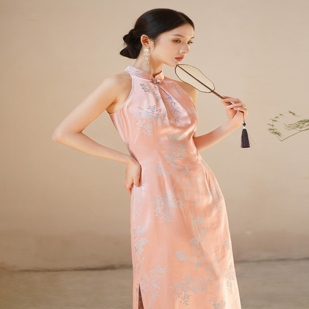 New Chinese style dress for women in the summer of 2025 sleeveless hanging neck retro Chinese style improved jacquard cheongsam image 3
