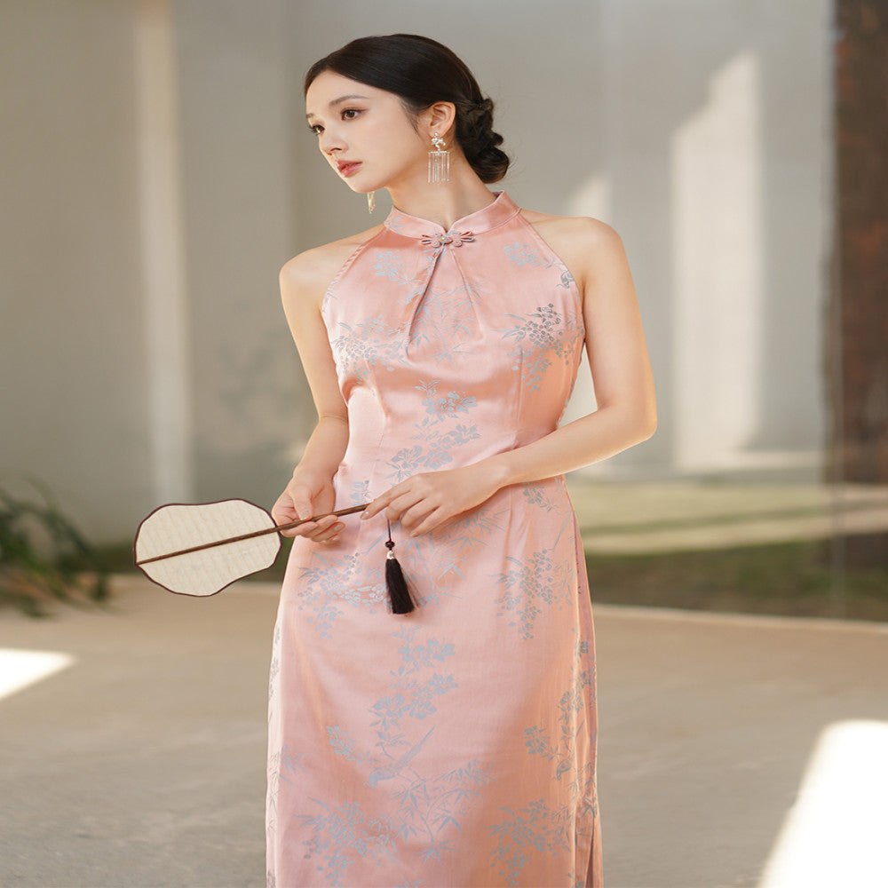 New Chinese style dress for women in the summer of 2025 sleeveless hanging neck retro Chinese style improved jacquard cheongsam image 0