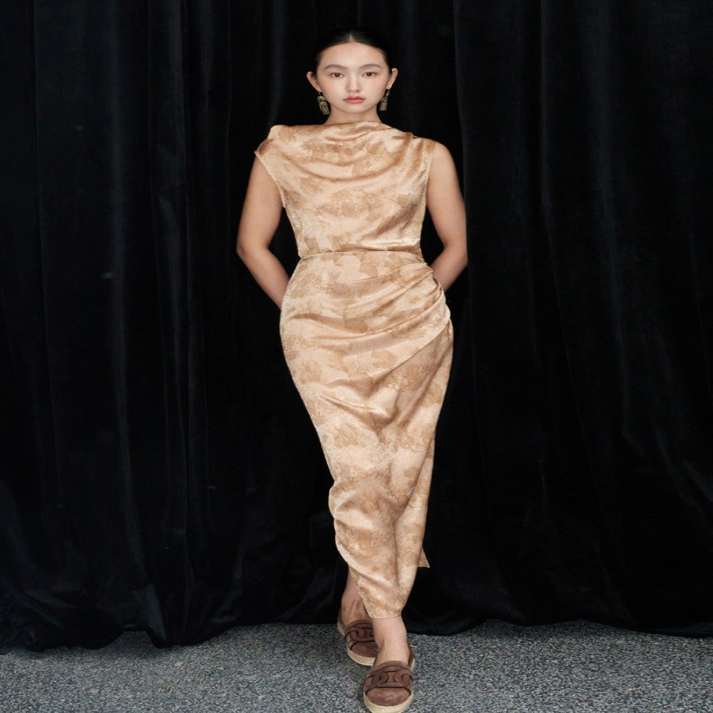 Golden Age satin print three dimensional cut pleated waist slimming dress image 3