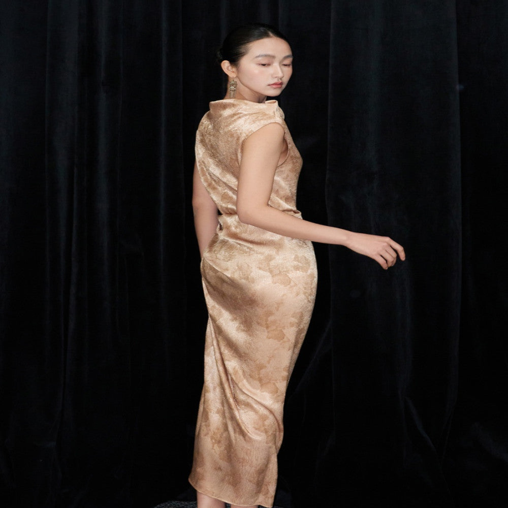 Golden Age satin print three dimensional cut pleated waist slimming dress image 5