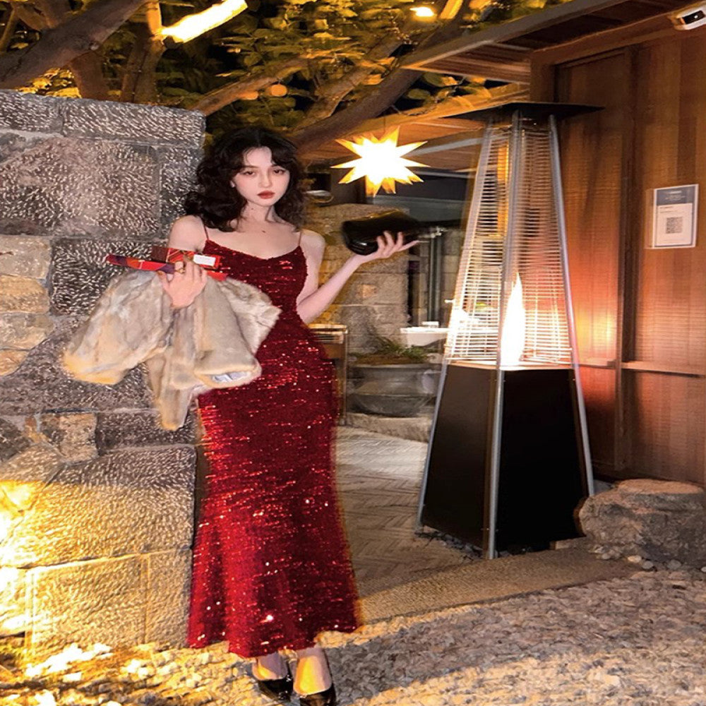 Jiuwu homemade retro sexy red velvet sequined skirt V neck high waist slim hip strap A line mid length skirt for women image 2