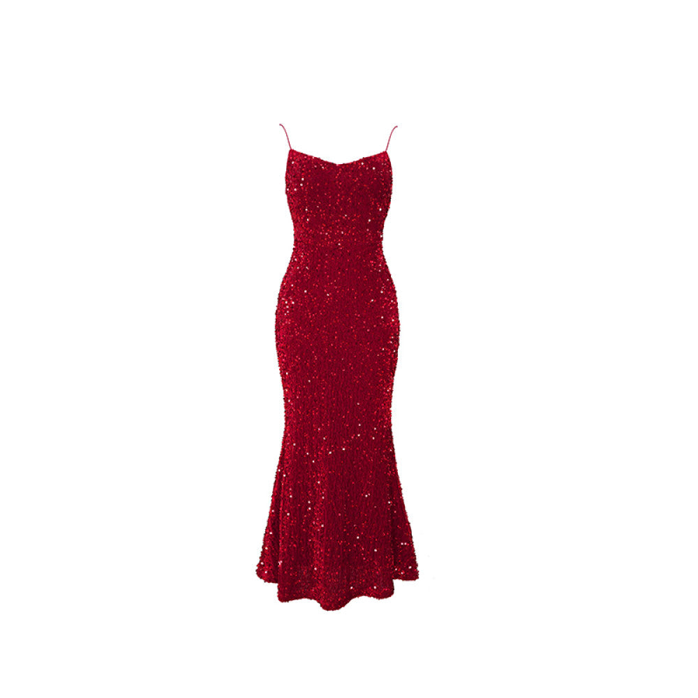 Jiuwu homemade retro sexy red velvet sequined skirt V neck high waist slim hip strap A line mid length skirt for women image 5