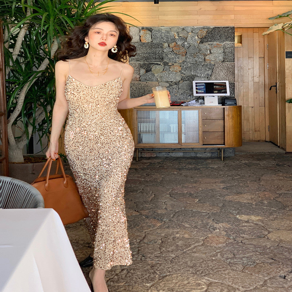 Jiuwu homemade retro sexy red velvet sequined skirt V neck high waist slim hip strap A line mid length skirt for women image 6