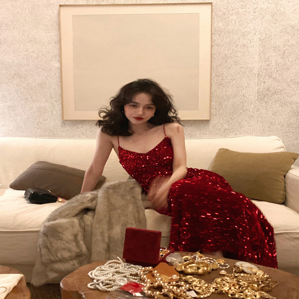 Jiuwu homemade retro sexy red velvet sequined skirt V neck high waist slim hip strap A line mid length skirt for women image 16