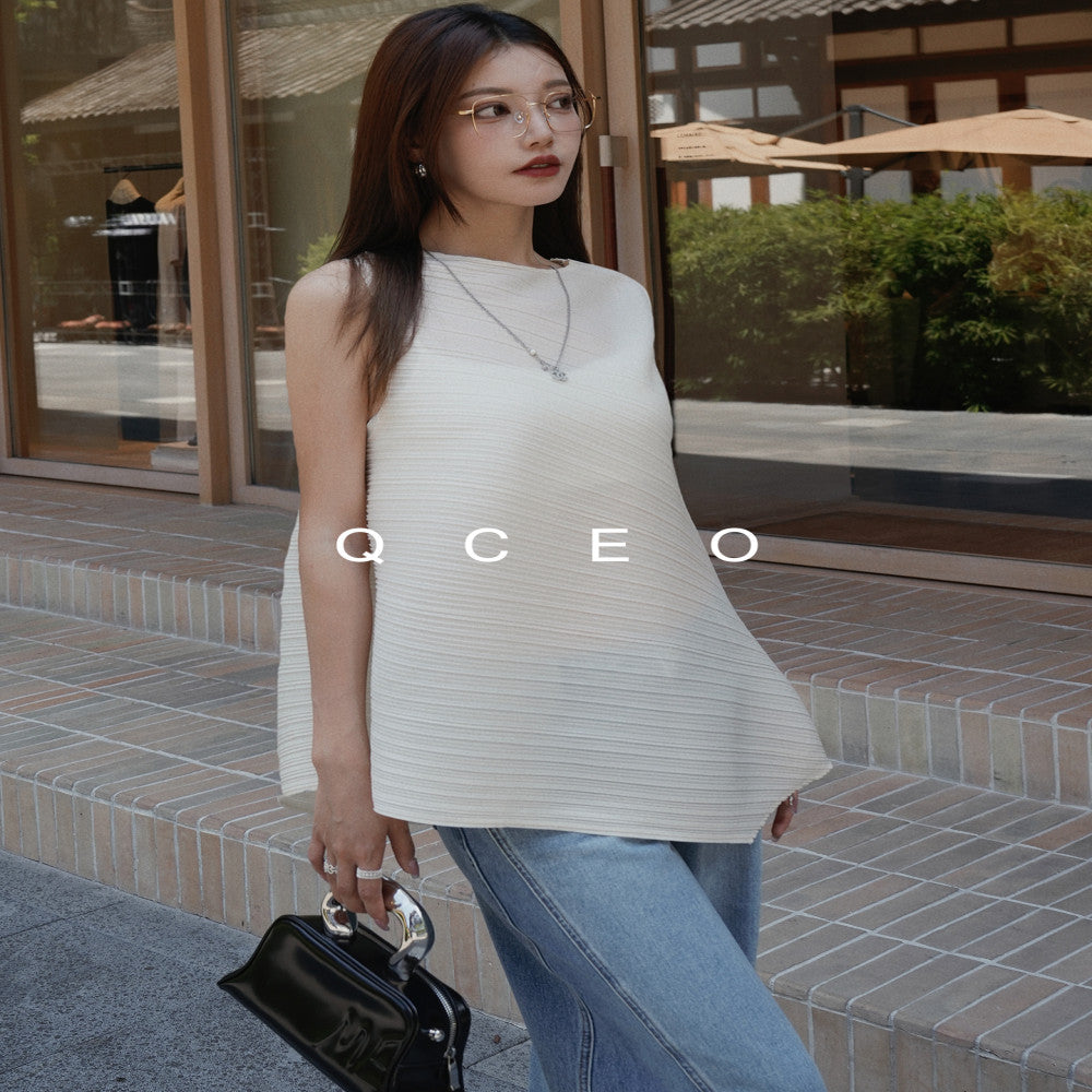 QCEO Advanced Sleeveless Horizontal Stripe Texture Three House Round Neck Thin Top Irregular 3D T shirt Vest Women s Summer image 2