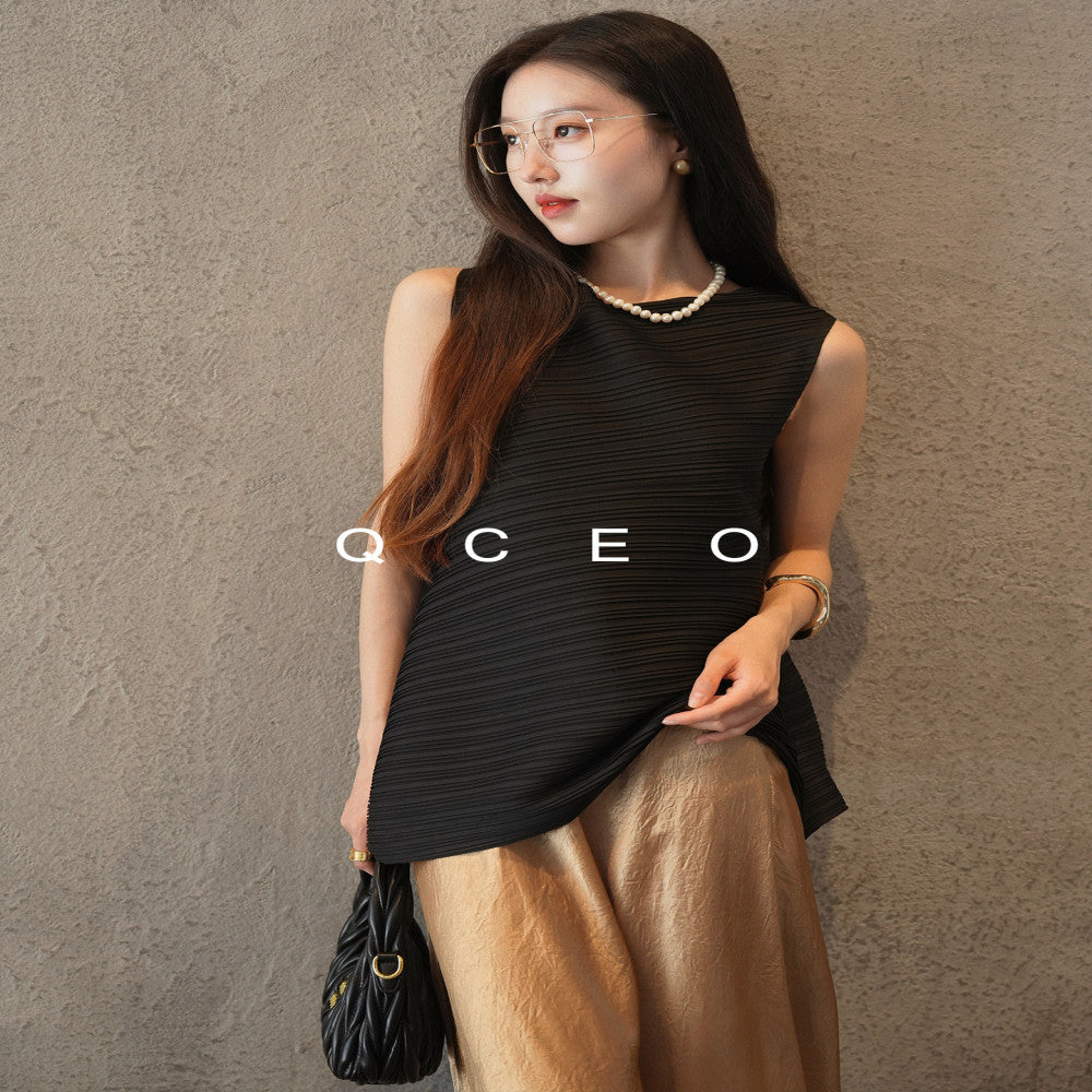 QCEO Advanced Sleeveless Horizontal Stripe Texture Three House Round Neck Thin Top Irregular 3D T shirt Vest Women s Summer image 3
