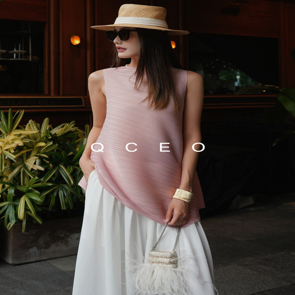 QCEO Advanced Sleeveless Horizontal Stripe Texture Three House Round Neck Thin Top Irregular 3D T shirt Vest Women s Summer image 4