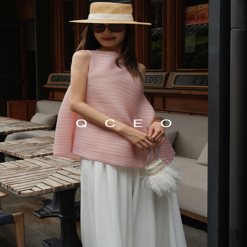 QCEO Advanced Sleeveless Horizontal Stripe Texture Three House Round Neck Thin Top Irregular 3D T shirt Vest Women s Summer image 5