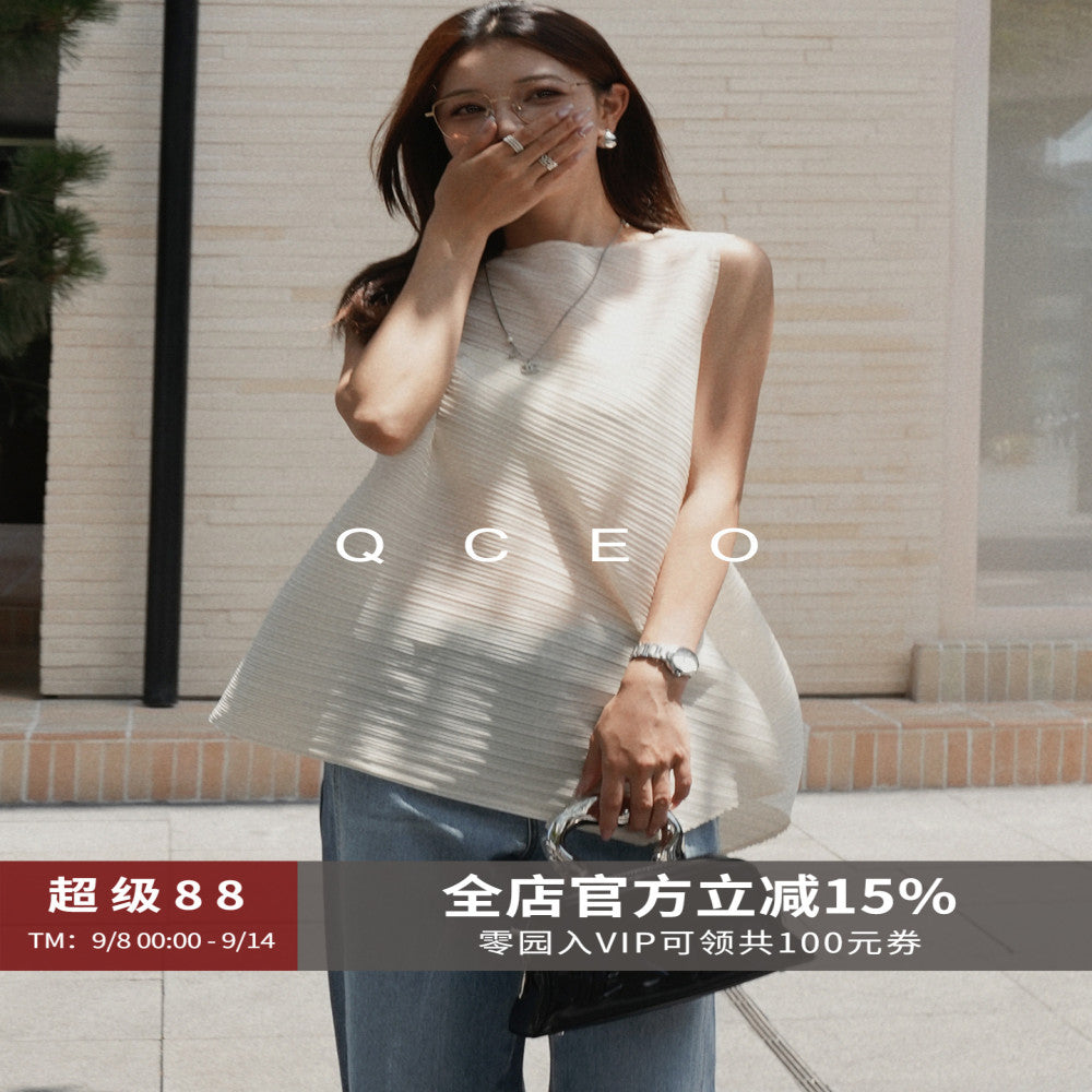 QCEO Advanced Sleeveless Horizontal Stripe Texture Three House Round Neck Thin Top Irregular 3D T shirt Vest Women s Summer image 0