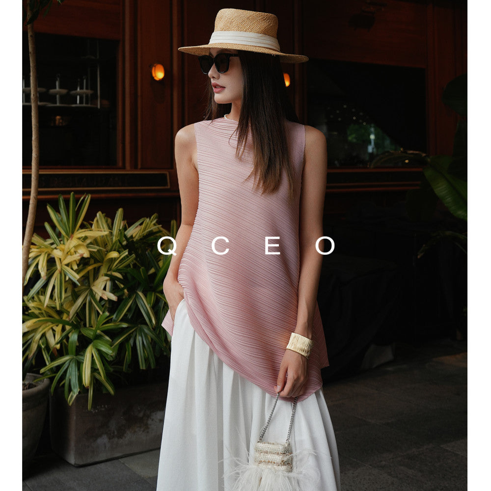 QCEO Advanced Sleeveless Horizontal Stripe Texture Three House Round Neck Thin Top Irregular 3D T shirt Vest Women s Summer image 11