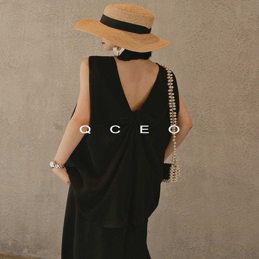 QCEO Tri color Du Home Design Fashionable and High End Wide Truffle Back Twisted Sleeveless Top Medium to Long Women s Spring Summer image 2