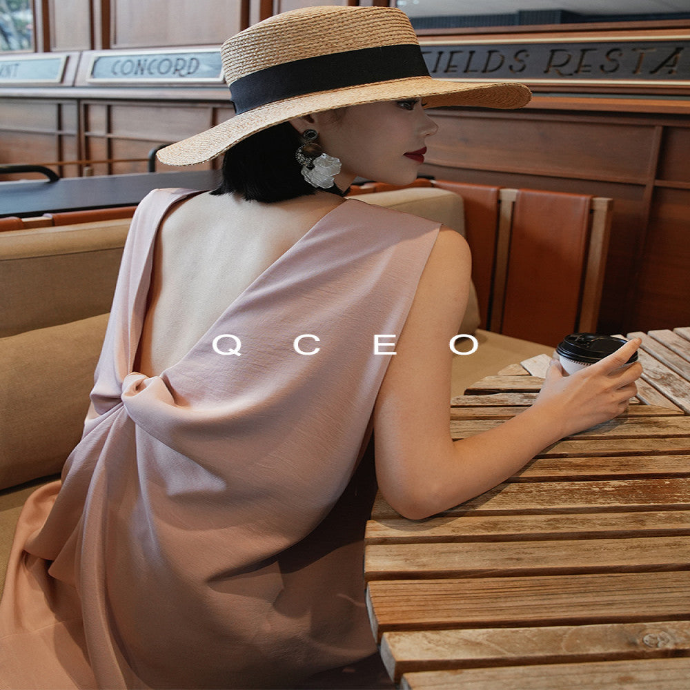 QCEO Tri color Du Home Design Fashionable and High End Wide Truffle Back Twisted Sleeveless Top Medium to Long Women s Spring Summer image 3