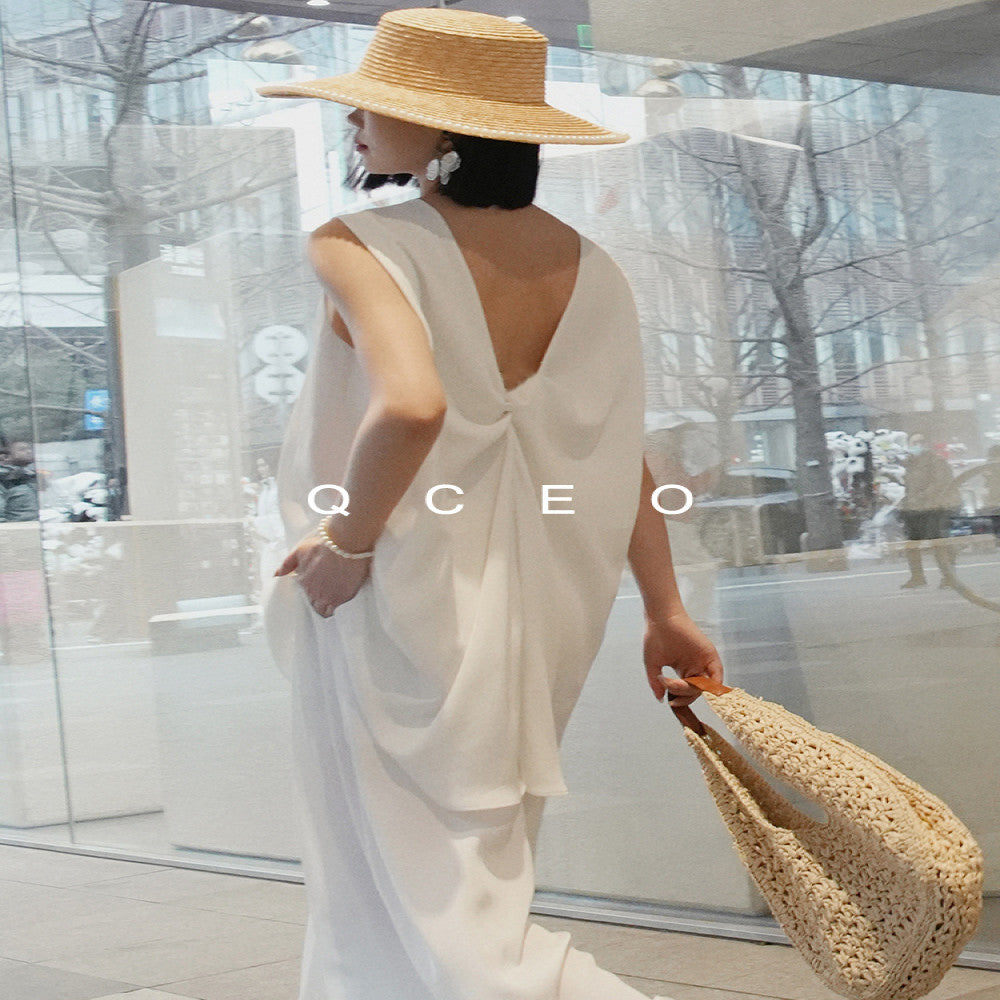 QCEO Tri color Du Home Design Fashionable and High End Wide Truffle Back Twisted Sleeveless Top Medium to Long Women s Spring Summer image 5