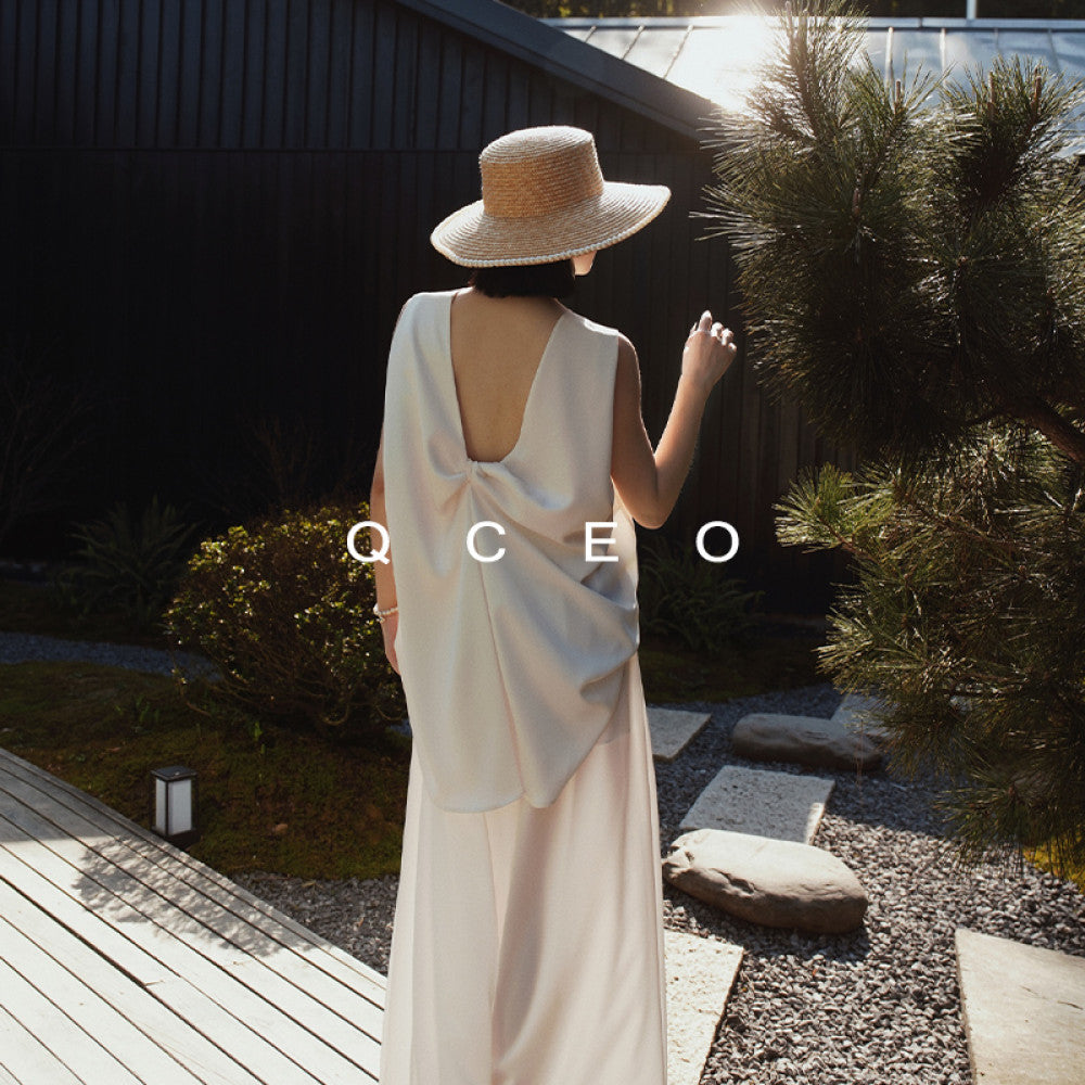 QCEO Tri color Du Home Design Fashionable and High End Wide Truffle Back Twisted Sleeveless Top Medium to Long Women s Spring Summer image 6