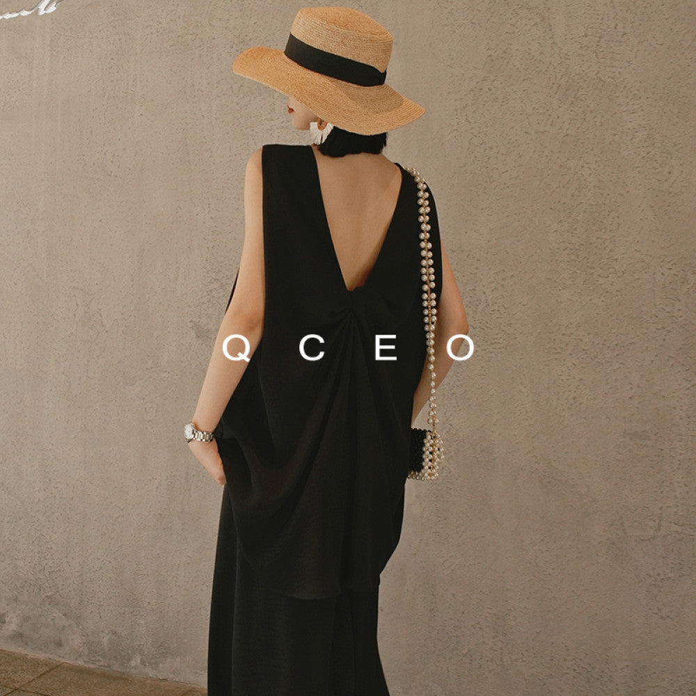 QCEO Tri color Du Home Design Fashionable and High End Wide Truffle Back Twisted Sleeveless Top Medium to Long Women s Spring Summer image 14