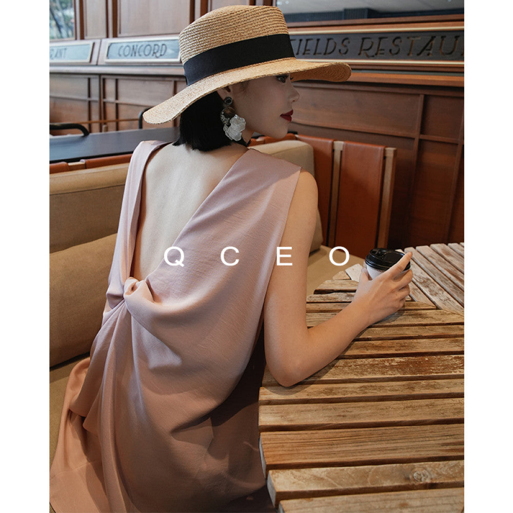 QCEO Tri color Du Home Design Fashionable and High End Wide Truffle Back Twisted Sleeveless Top Medium to Long Women s Spring Summer image 20