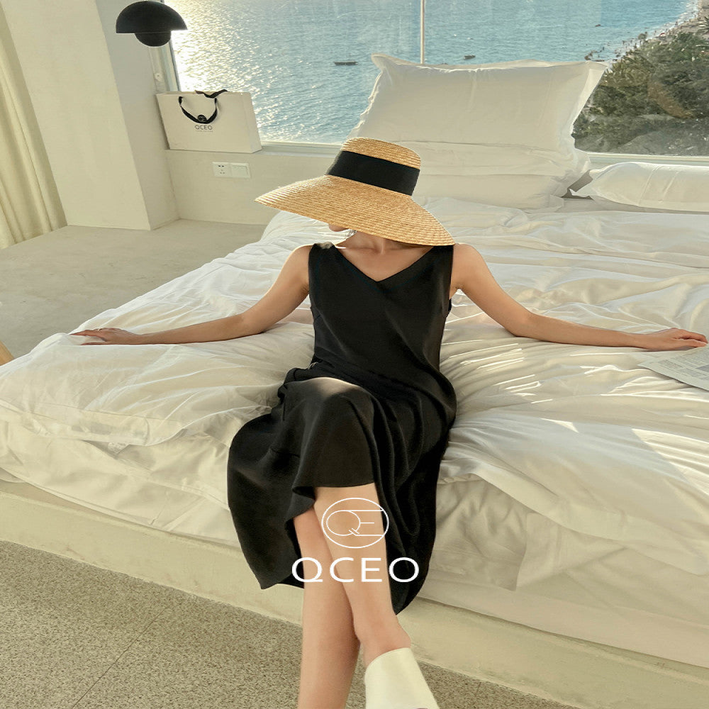 goods in stock QCEO loose slimming over knee skirt satin temperament V neck vest dress with slit mid length for spring and summer image 2