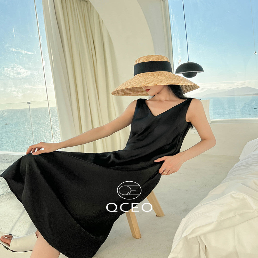 goods in stock QCEO loose slimming over knee skirt satin temperament V neck vest dress with slit mid length for spring and summer image 3