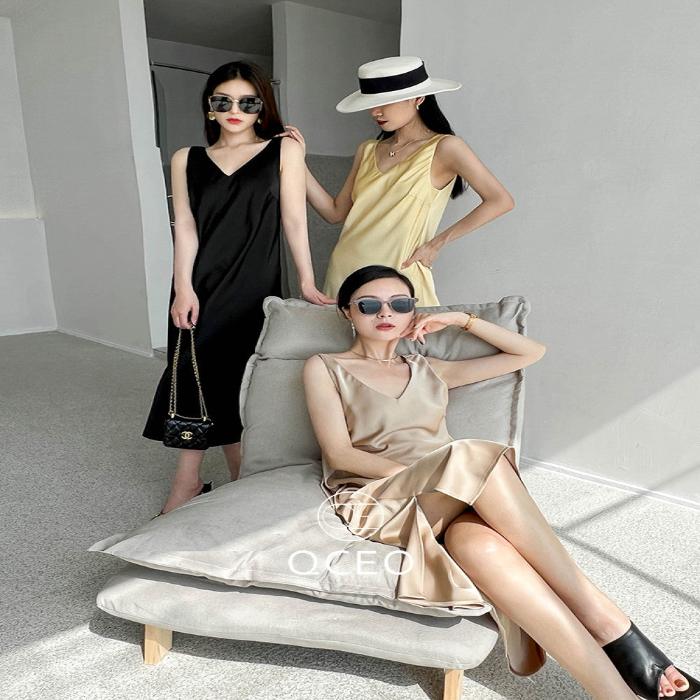 goods in stock QCEO loose slimming over knee skirt satin temperament V neck vest dress with slit mid length for spring and summer image 5