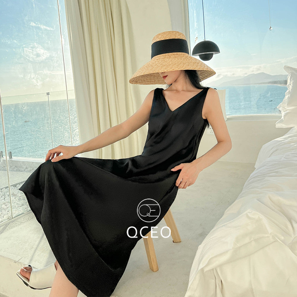 goods in stock QCEO loose slimming over knee skirt satin temperament V neck vest dress with slit mid length for spring and summer image 8