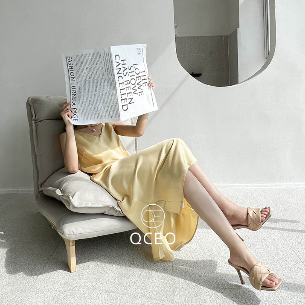 goods in stock QCEO loose slimming over knee skirt satin temperament V neck vest dress with slit mid length for spring and summer image 10