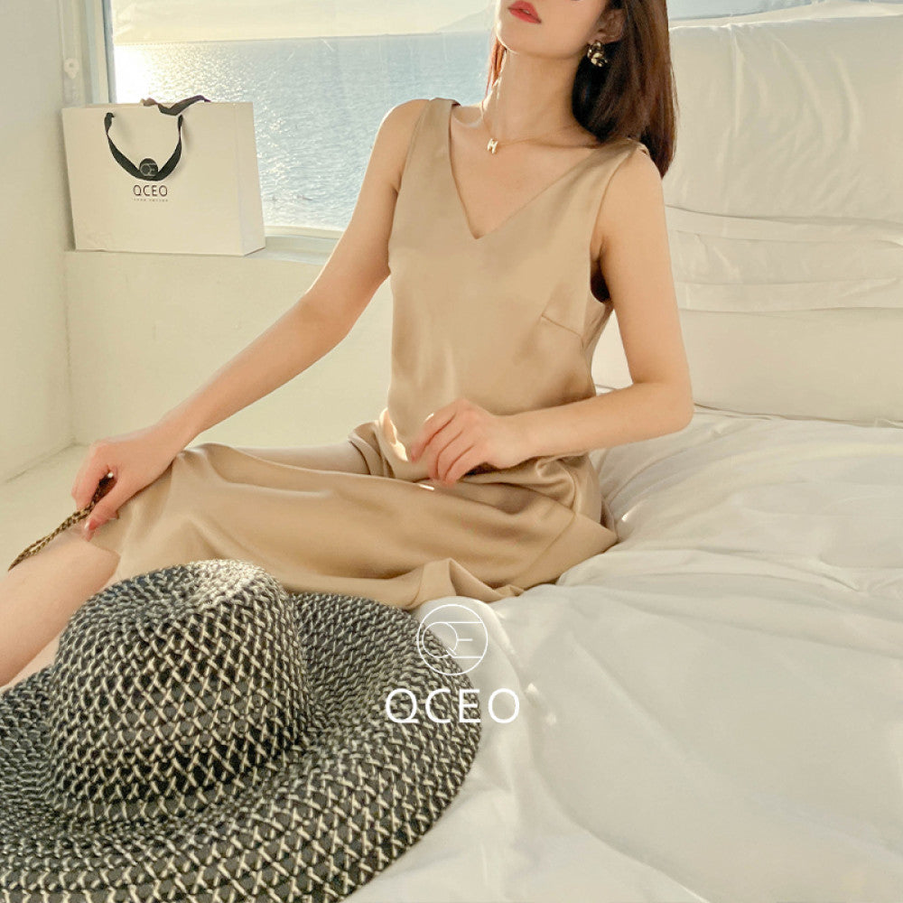 goods in stock QCEO loose slimming over knee skirt satin temperament V neck vest dress with slit mid length for spring and summer image 15