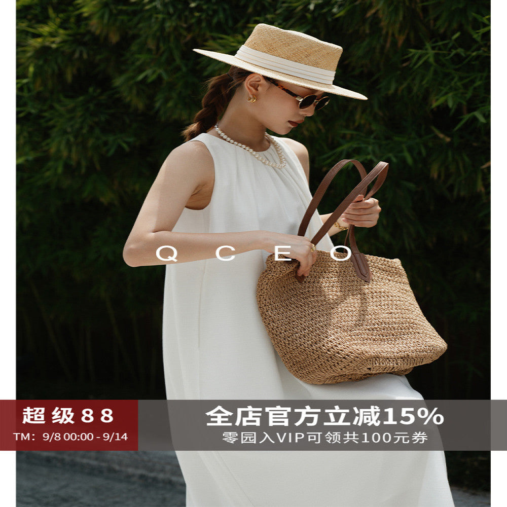 QCEO High quality texture Textured acetate sleeveless halter dress with lace up loose skirt simple long skirt summer image 1