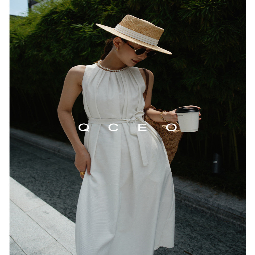 QCEO High quality texture Textured acetate sleeveless halter dress with lace up loose skirt simple long skirt summer image 2