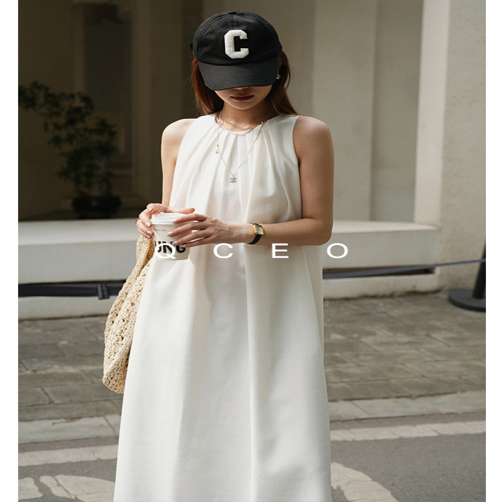 QCEO High quality texture Textured acetate sleeveless halter dress with lace up loose skirt simple long skirt summer image 4