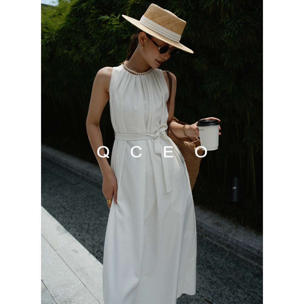 QCEO High quality texture Textured acetate sleeveless halter dress with lace up loose skirt simple long skirt summer image 7