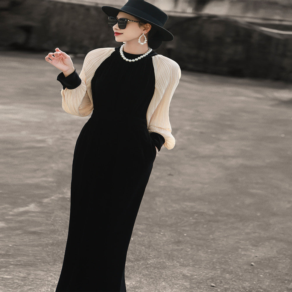 Lanser 2025 autumn new style elegant long sleeved pleated splicing waist slimming black velvet dress image 7