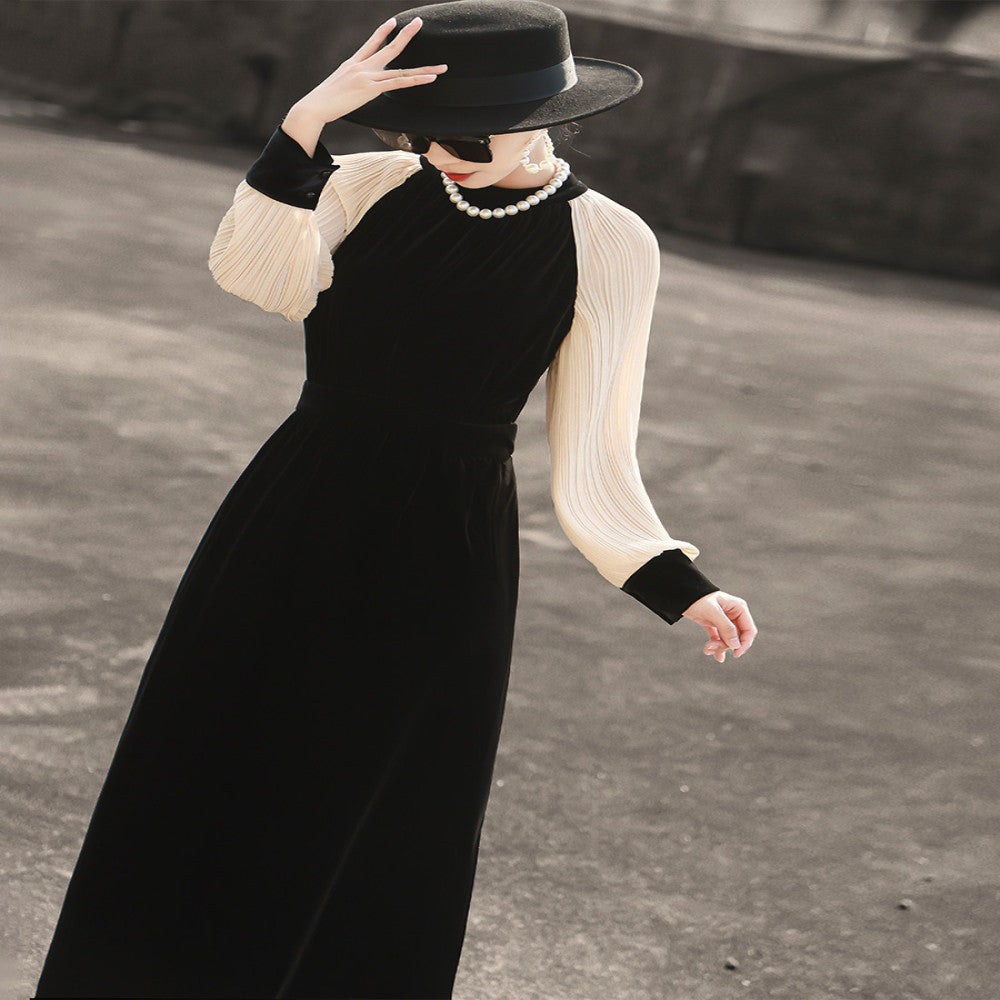 Lanser 2025 autumn new style elegant long sleeved pleated splicing waist slimming black velvet dress image 8