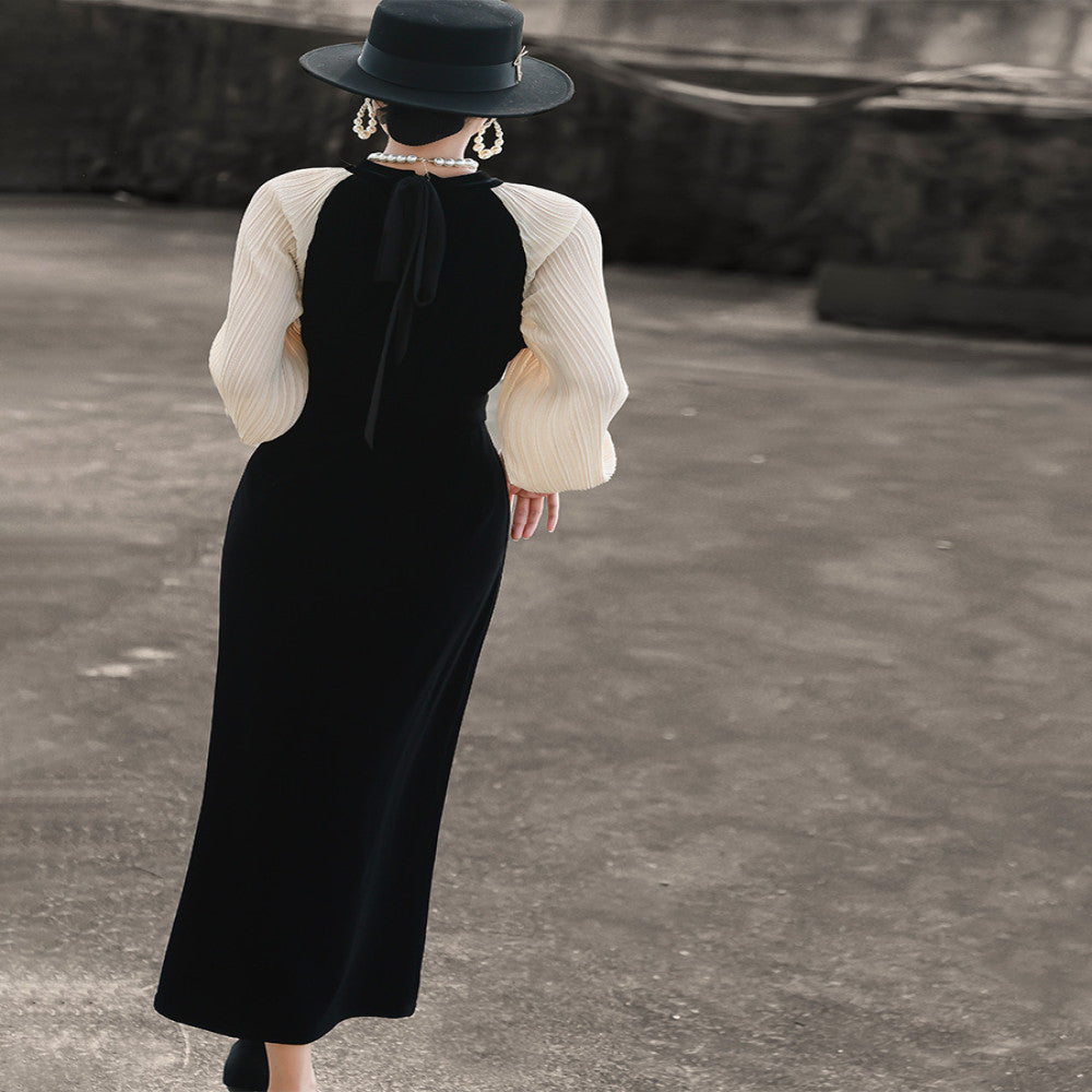 Lanser 2025 autumn new style elegant long sleeved pleated splicing waist slimming black velvet dress image 9