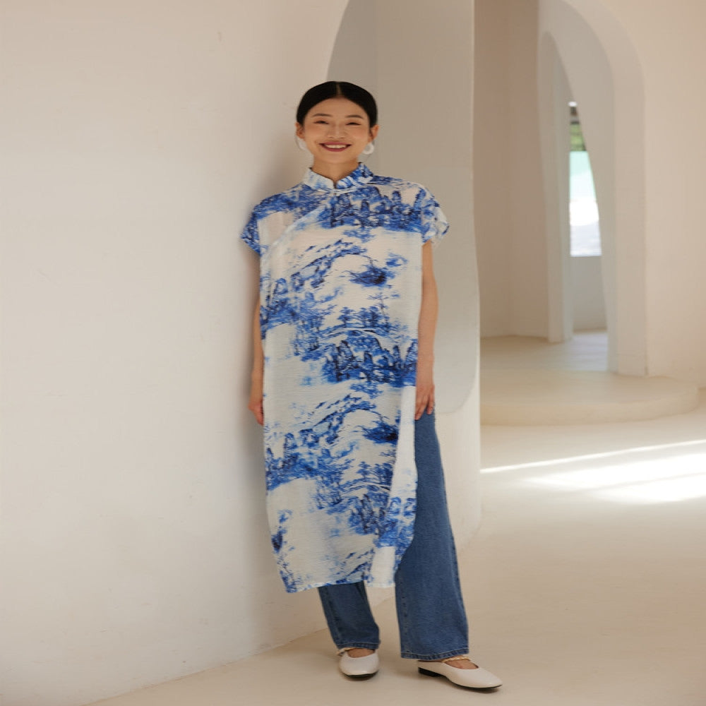 TAORAN new Chinese style improved cheongsam skirt summer retro national style young ink painting dress Zen tea dress female image 2