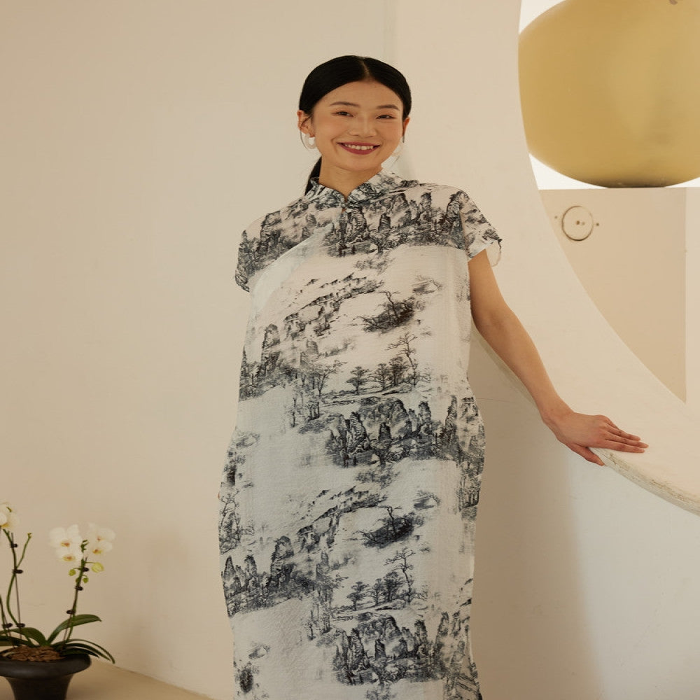 TAORAN new Chinese style improved cheongsam skirt summer retro national style young ink painting dress Zen tea dress female image 5