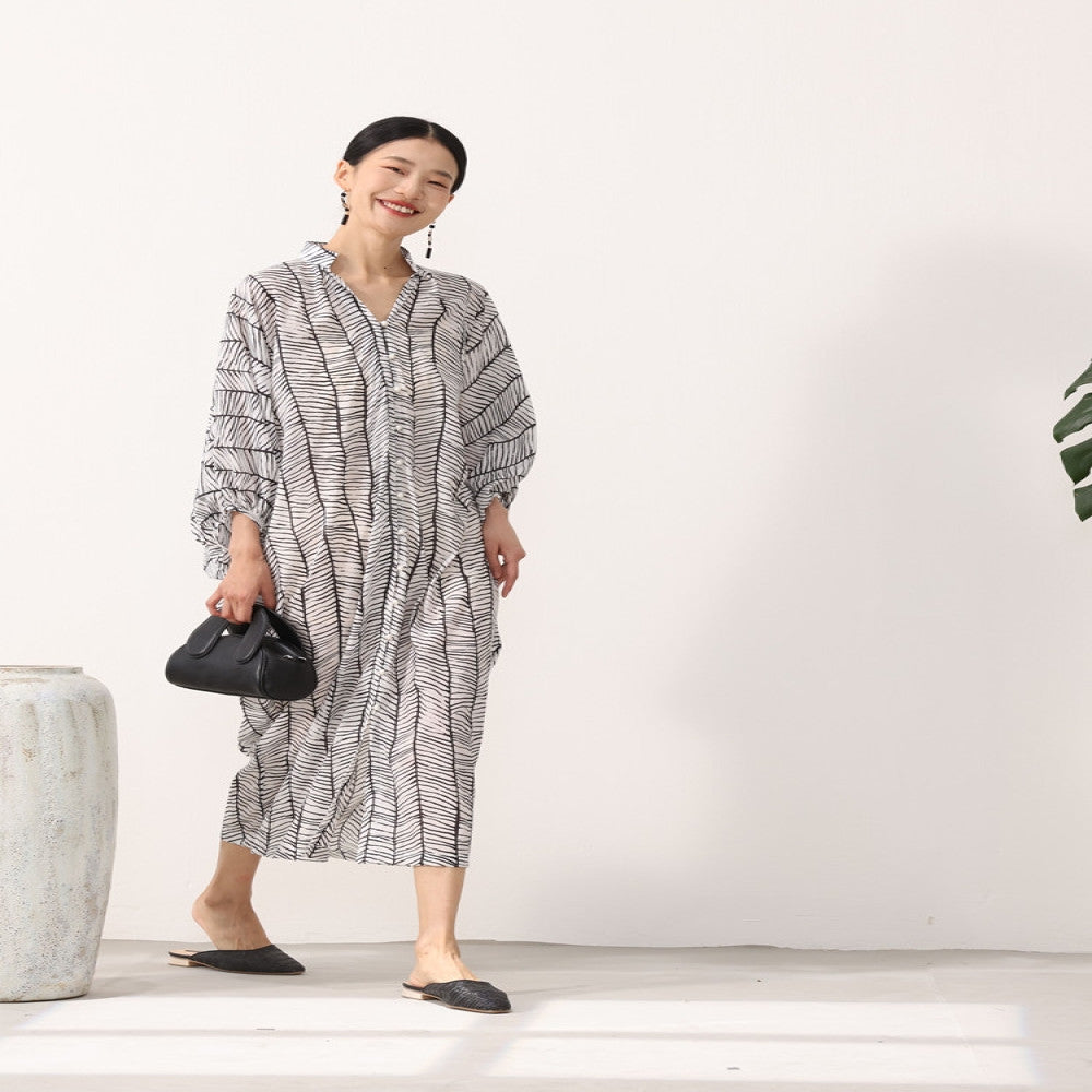 TAORAN Improved Young Dress with Multiple Buckles in the Middle Printed Long Dress Artistic Style Loose Robe Zen Style image 3