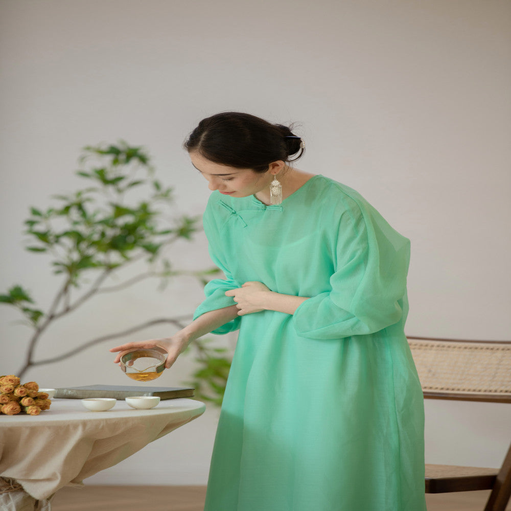 TAORAN New Chinese Women s Dress 2024 Summer Chinese Style Cheongsam Long Dress Improved Edition Retro Zen Tea Dress image 2