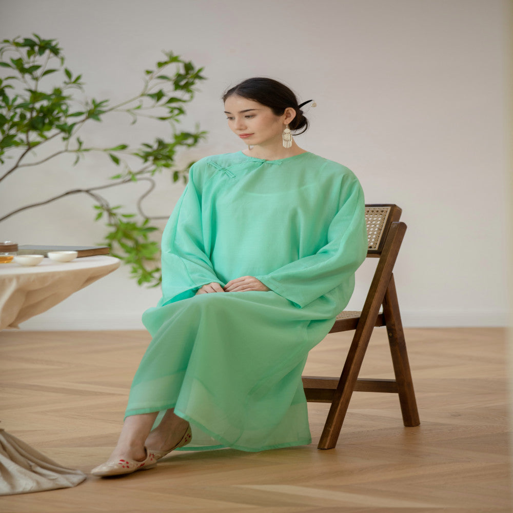 TAORAN New Chinese Women s Dress 2024 Summer Chinese Style Cheongsam Long Dress Improved Edition Retro Zen Tea Dress image 3