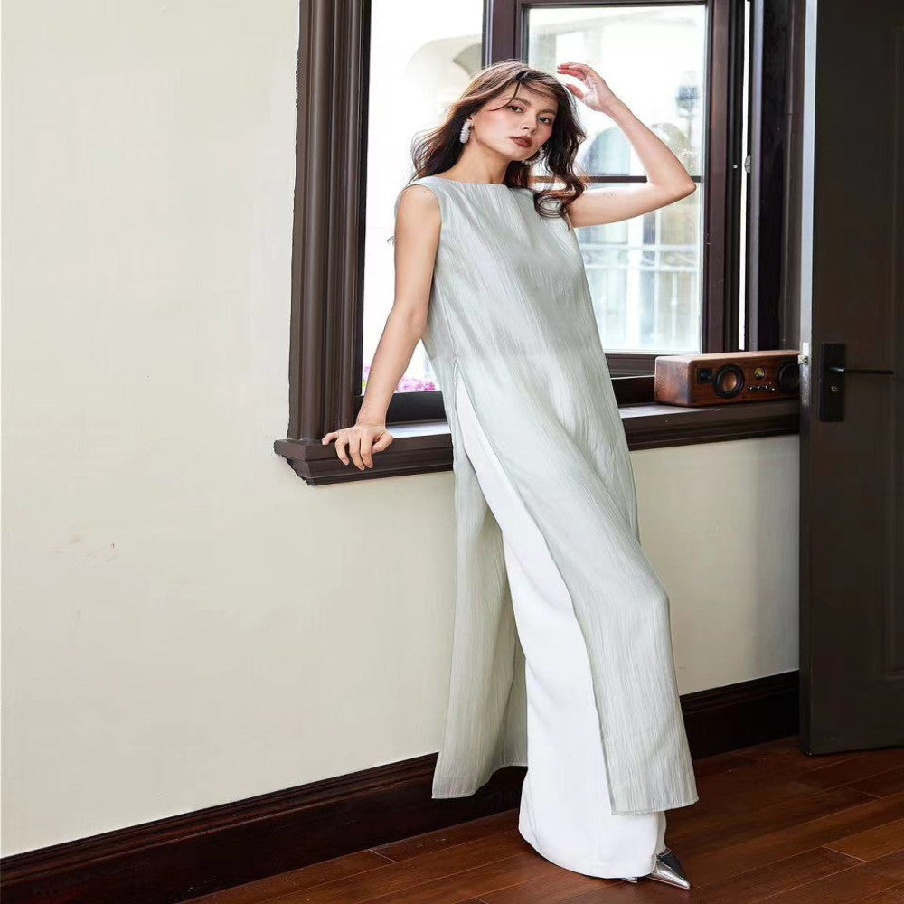 Mint green shiny silk sleeveless ribbon top for women s summer 2024 new design niche and unique T shirt with three views image 4