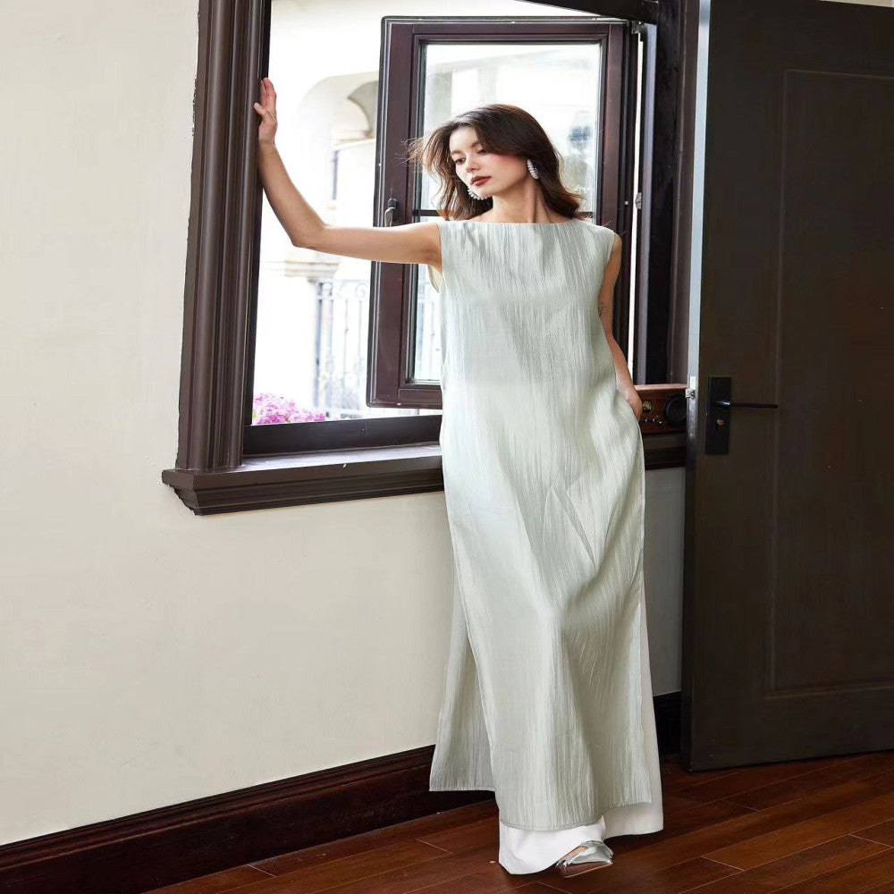 Mint green shiny silk sleeveless ribbon top for women s summer 2024 new design niche and unique T shirt with three views image 9