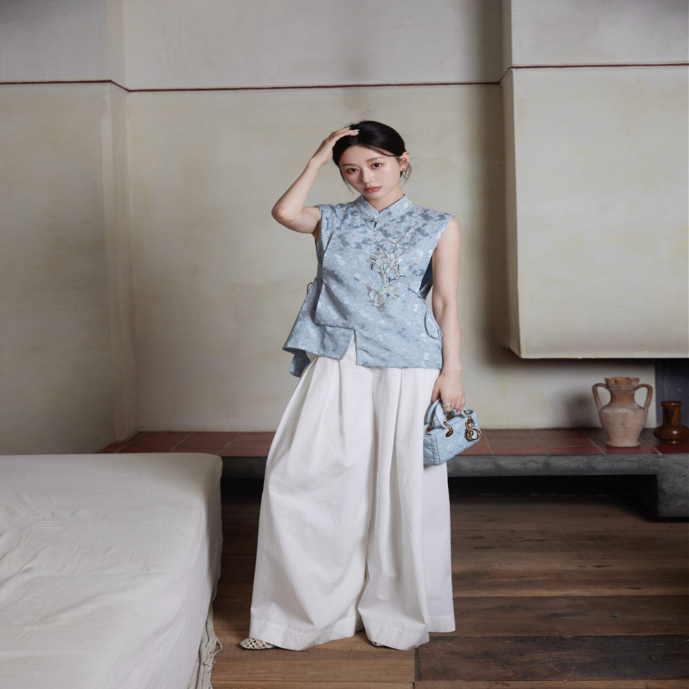 Camelux silk linen summer Chinese style linen hand embroidered beaded vest silk jacquard shirt image 2