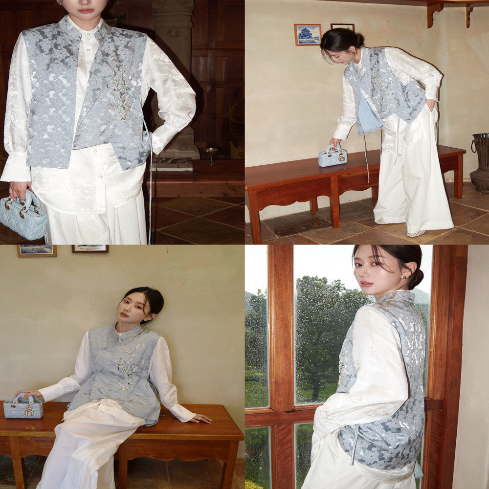 Camelux silk linen summer Chinese style linen hand embroidered beaded vest silk jacquard shirt image 3