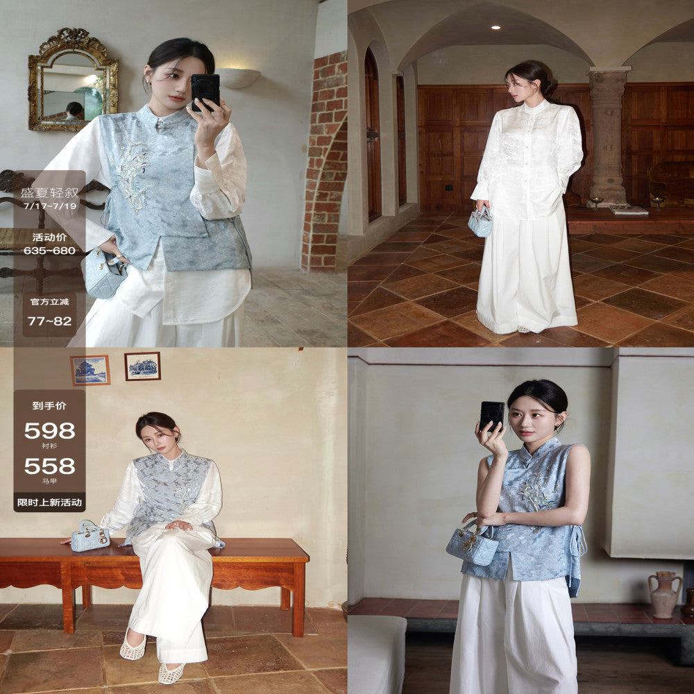 Camelux silk linen summer Chinese style linen hand embroidered beaded vest silk jacquard shirt image 0