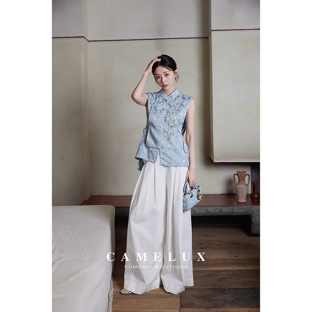 Camelux silk linen summer Chinese style linen hand embroidered beaded vest silk jacquard shirt image 12